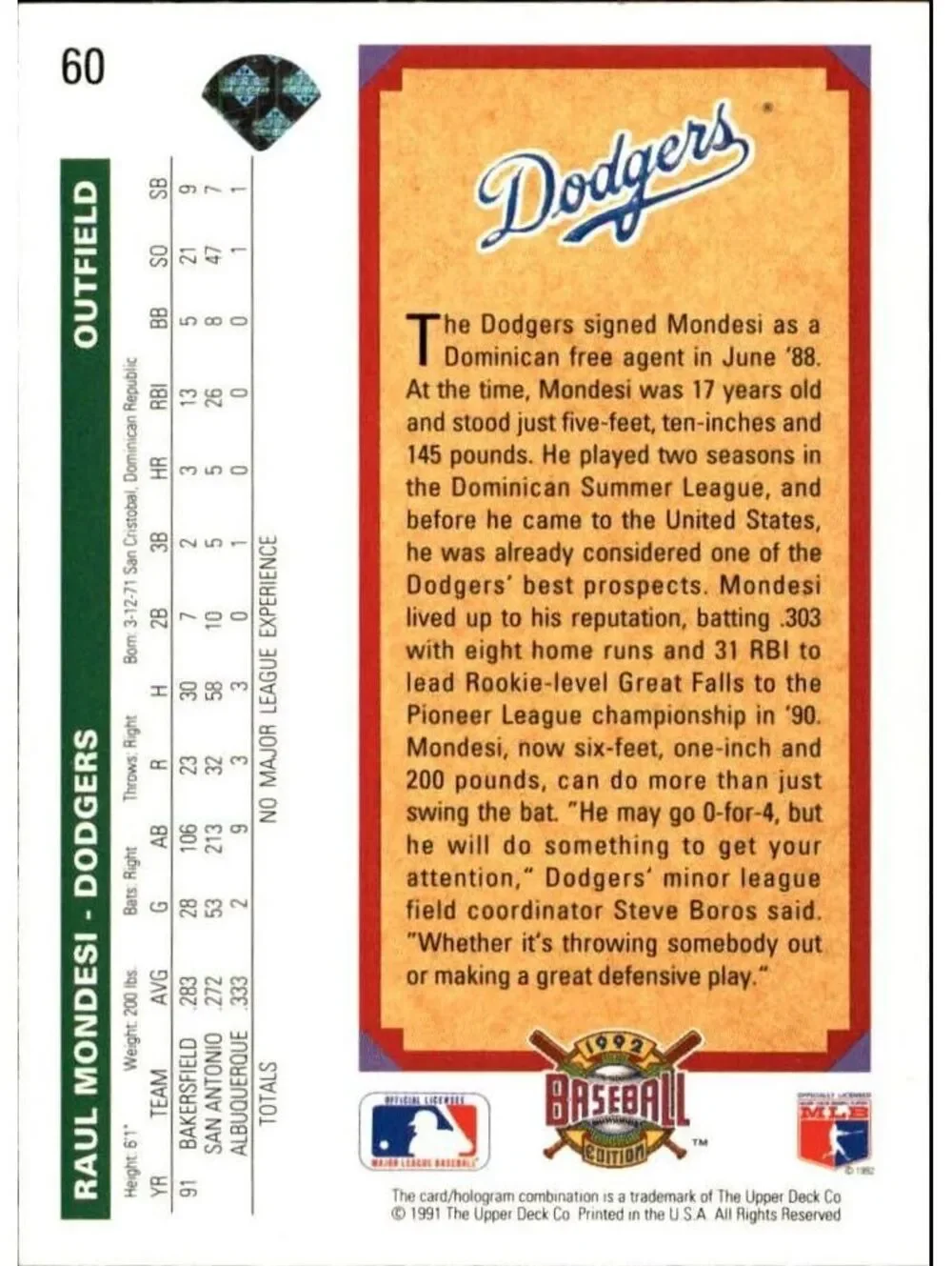 Raul Mondesi 1992 Upper Deck MLB #60 Baseball Card Los Angeles Dodgers